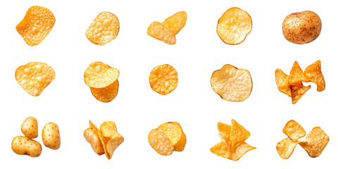 Potato Chips and Potatoes Collection Isolated clear real isolated on a transparent background