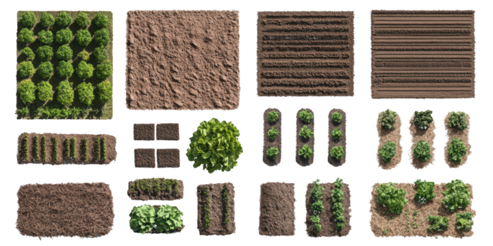 Overhead View of Various Garden Plots and Agricultural Elements agriculture farming isolated on a transparent background