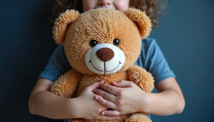 Child holds fluffy teddy bear. Tender moment shows comfort, love, childhood innocence. Furry friend provides security, imaginative play. Adorable, cuddly toy evokes warmth, happiness, cherished