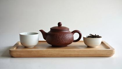 Fototapeta premium Traditional Chinese tea ceremony setup featuring Yixing clay teapot with floral motifs alongside two white ceramic cups, small bowl of loose leaf tea. Presented on natural light wood tray. Minimalist