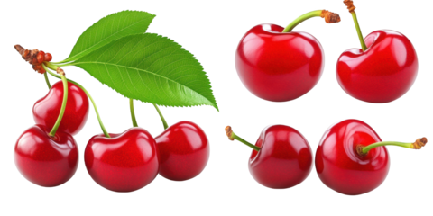 Red Cherries with Stems and Leaves clear 8eea isolated on a transparent background