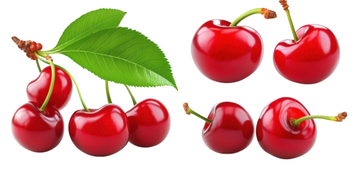 Red Cherries with Stems and Leaves clear 8eea isolated on a transparent background