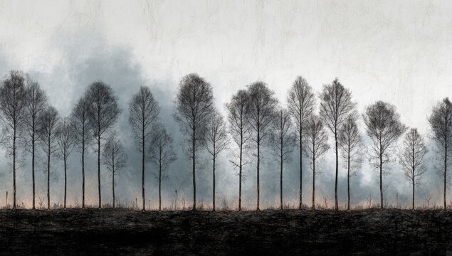 A row of bare trees against a hazy sky, suggesting a landscape affected by a fire