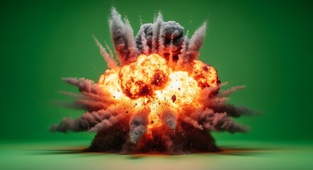 Powerful explosion with intense flames and plumes of smoke against a vibrant green background.
