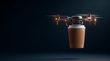 Drone delivering coffee cup in dark background  
