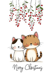 Obraz premium Cute kittens with red berries background wishing Merry Christmas 