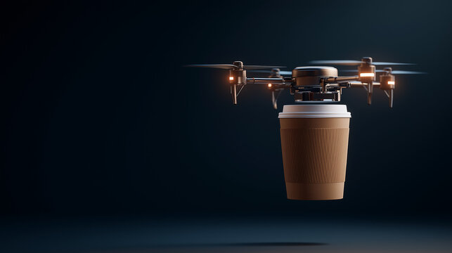 Drone delivering coffee cup in dark background  