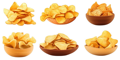 Six Bowls Filled with Assorted Potato Chips 25f7 clear isolated on a transparent background