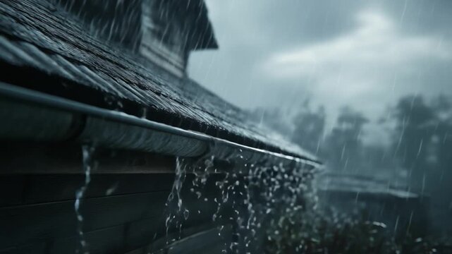 Rain on rooftop with gutter overflow. Rainwater dripping from roof during fall storm in gray atmosphere  