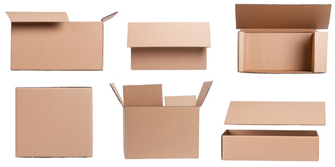 Six Cardboard Boxes in Various Open and Closed Configurations Keywords: cardboard, boxes, packaging isolated on a transparent background