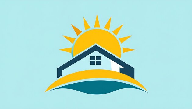 Modern home illustration with sunburst and water elements on light background - Powered by Adobe