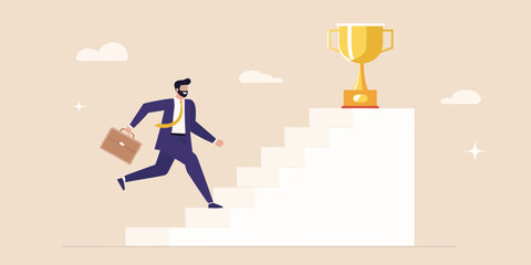 Businessman climbing stairs towards a golden trophy symbolizing success and achievement in career growth