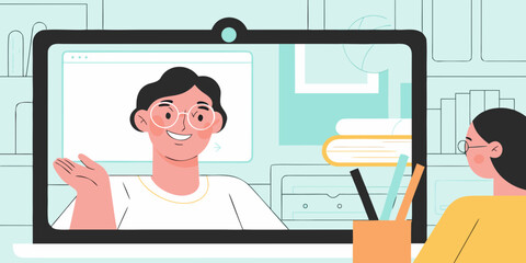 Two people interacting through a video call on a laptop computer with a home office background