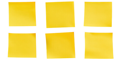 Six Yellow Sticky Notes Arranged in Two Rows paper squares isolated on a transparent background