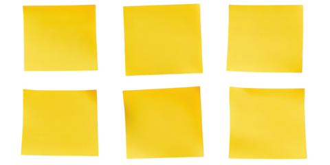 Six Yellow Sticky Notes Arranged in Two Rows paper squares isolated on a transparent background