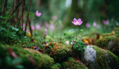 Obraz premium Delicate pink flower in a mossy forest