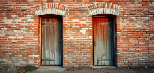 Weathered wooden doors set into a crumbling brick wall,  grunge,   exterior