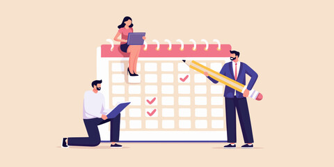 Team of business people planning and scheduling tasks on a large calendar with checkmarks and a giant pencil