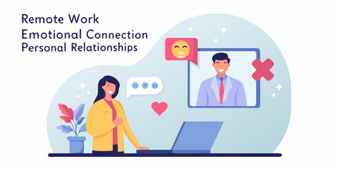 Woman working remotely connects emotionally with colleague through online communication and personal relationships