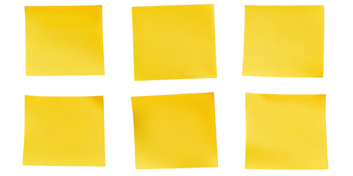 Six Yellow Sticky Notes Arranged in Two Rows paper squares isolated on a transparent background