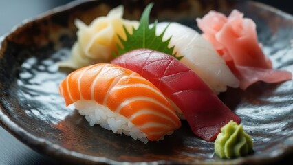 A close-up of assorted nigiri sushi on a dark plate