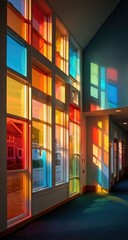Obraz premium Colorful stained-glass windows illuminating a hallway