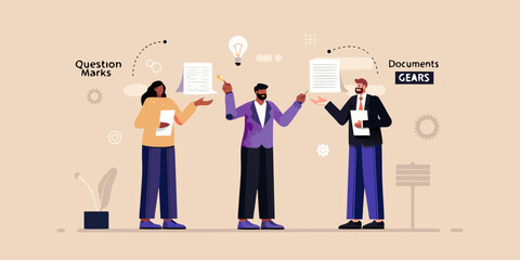 Diverse business professionals collaborating and discussing ideas with documents and question marks symbolizing problem solving