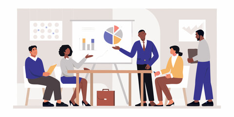 Diverse business team collaborating in a meeting room presenting financial data and charts on a whiteboard