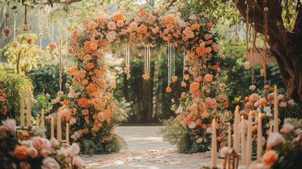 a beautiful wedding ceremony decor with an arch adorned with delicate floral arrangements, soft pastel pink and orange colors, candles hanging from the trees around it, a lush green garden setting in 