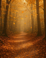 Fototapeta premium A peaceful forest path covered with golden autumn leaves