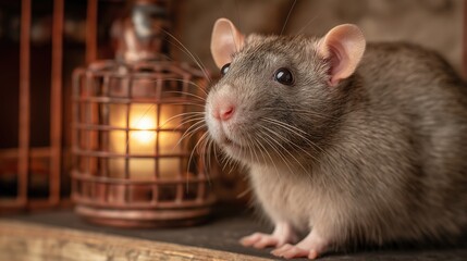 Curious Rat Near Vintage Lantern in Cage