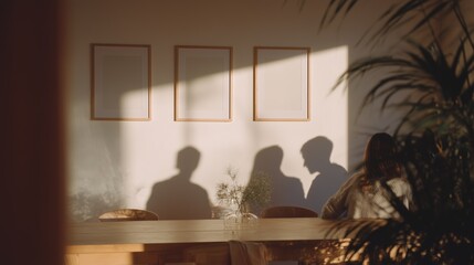 Three shadows of people on a wall, framed by sunlight, while seated at a table with plants nearby.