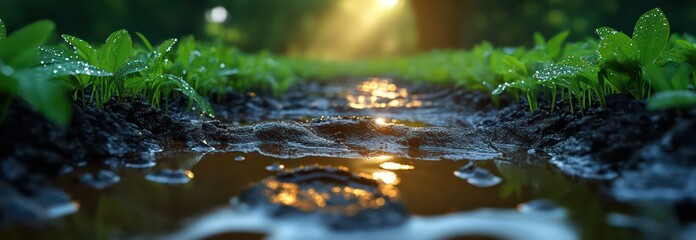 Fototapeta premium Close-up of human footprints in muddy rice paddy with green plants and soft sunlight