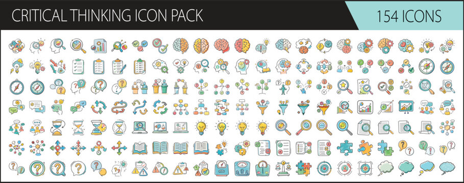 Critical thinking icons set for education and analysis - Collection of 154 colorful critical thinking icons representing problem solving, brainstorming, analysis, logic, research, decision making - Powered by Adobe