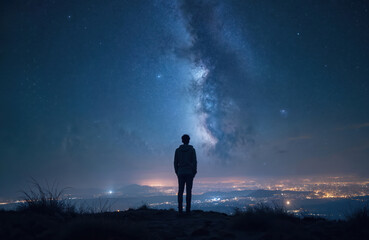 Silhouette of person gazing at vast starry night sky with Milky Way galaxy above city lights. Contemplating universe, existence, human purpose, life meaning. Inspirational, dreamy, profound moment of