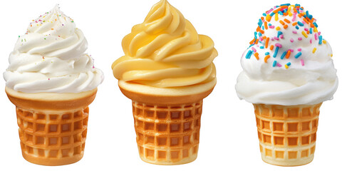 Three Ice Cream Cones with Sprinkles clear real isolated on a transparent background