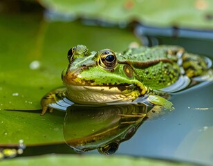 Green frog resting on water lily pad in pond