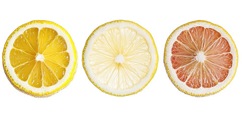 Three Slices of Citrus Fruit Showing Different Colors and Textures lemon yellow isolated on a transparent background