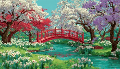 Obraz premium Springtime Japanese Garden, vibrant colors