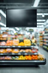 Supermarket interior with a blank screen