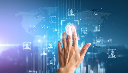 Hand interacting with digital fingerprint interface over a global network