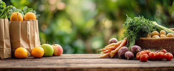 Fresh produce displayed on a wooden table, with a blurred garden backdrop