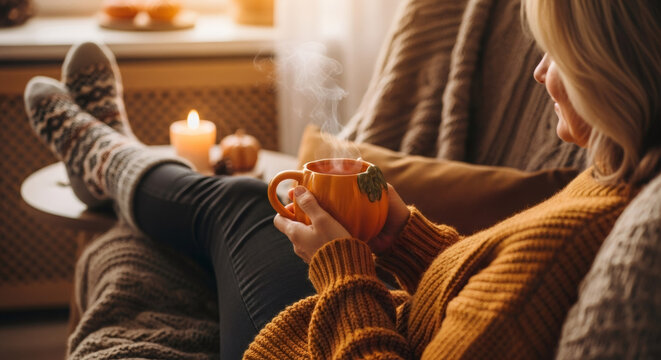Woman enjoying hot beverage in cozy armchair, autumn season warmth concept. Relaxing at home during fall.