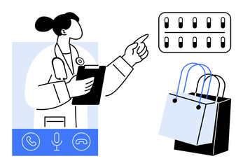 Doctor holding a clipboard, engaging in telemedicine with medicine blister pack and shopping bags depicted. Ideal for healthcare, telemedicine, online prescription, e-commerce, digital health, remote