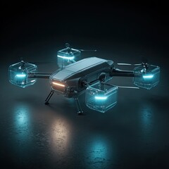 Naklejka premium Futuristic drone, illuminated by glowing lights