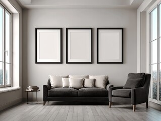 Fototapeta premium Modern living room with empty frames
