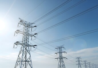 HighVoltage Power Lines Against Blue Sky  Electricity Infrastructure and Energy Transmission Concept.