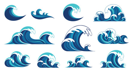 Fototapeta premium Collection of stylized blue ocean waves vector illustrations graphic elements Water Sea Surf Swell Splash Nautical Marine Aqua Tide Ripple