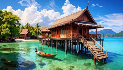 Obraz premium Tranquil wooden stilt houses on a tropical island beach, showcasing a serene azure sea and vibrant natural surroundings.
