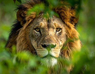 Close-up of a male lion hidden behind foliage